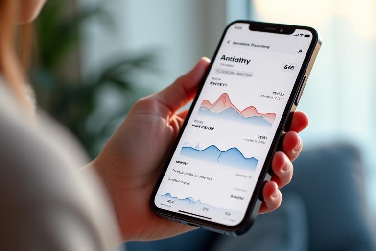 Οθόνη smartphone που δείχνει ένα user interface για παρακολούθηση διάθεσης και ανάλυση μοτίβων άγχους με γραφήματα.