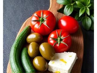Φωτογραφία μεσογειακών τροφών: ελιές, ντομάτες, φέτα, φρέσκα λαχανικά