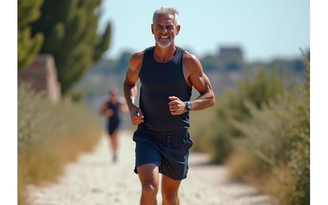 Εικόνα που δείχνει έναν άνδρα μέσης ηλικίας να αθλείται σε εξωτερικό χώρο με ενέργεια και ζωτικότητα.