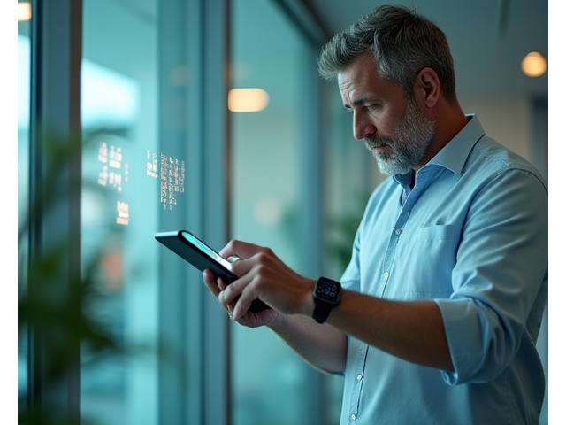 Ένας άνδρας άνω των 40 χρησιμοποιεί μια wearable συσκευή παίρνοντας τα δεδομένα του στην οθόνη του smart device του, σε ένα καθαρό, μοντέρνο ιατρικό περιβάλλον, υποδηλώνοντας τεχνολογία και προληπτική υγεία.